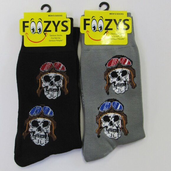 2 Pairs Men's Foozys Biker Vintage Skull w/Goggles Crew Socks Stocking Stuffers - Picture 1 of 2
